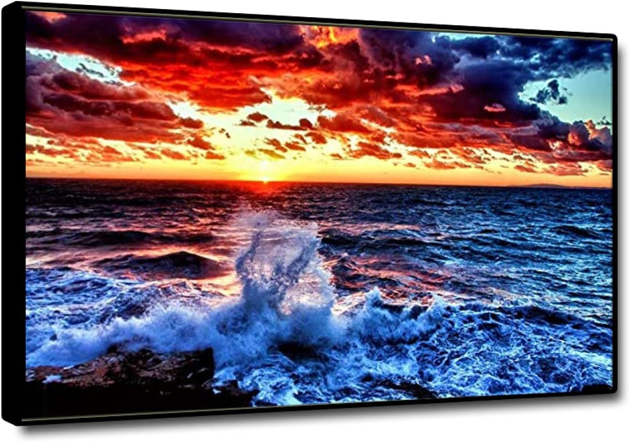 JZSDGB Black Framed-Canvas Prints Wall Art Seascape Pictures-Landscape Painting Print on Canvas-Sea Spray and Sunrise Artwork Poster-Beach Canvas Wall Art Modern Living Room Decor 80x120cm(31x47in) Black Framed