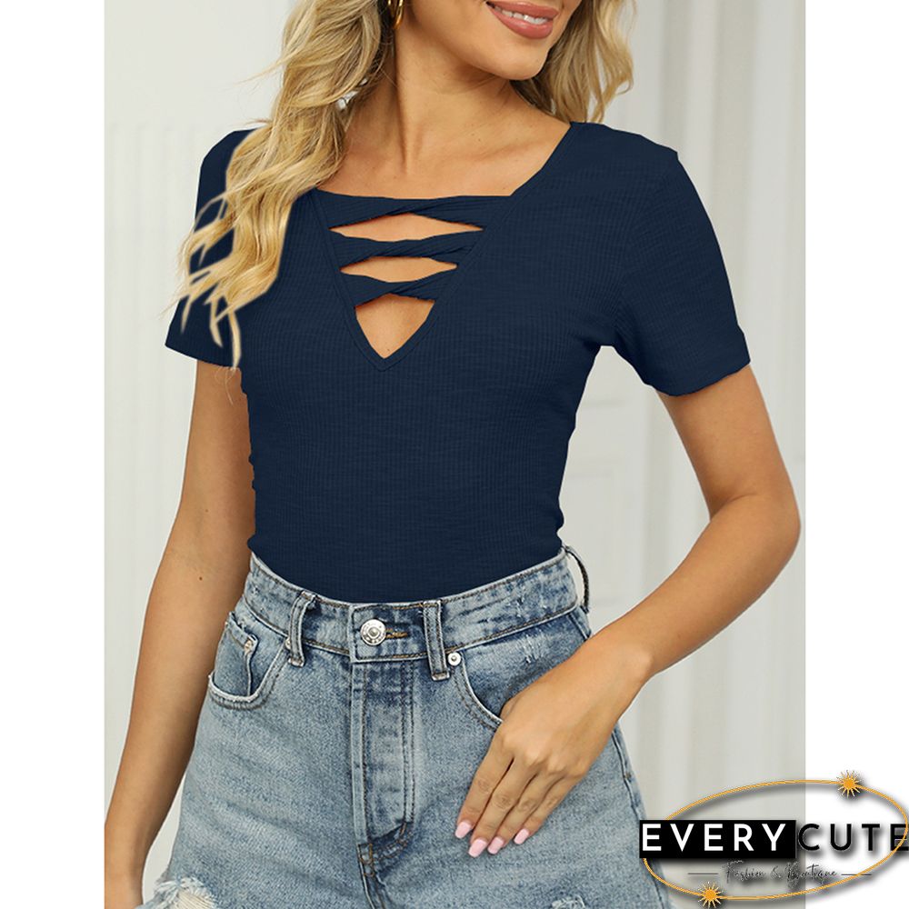 Navy Blue Rib Strappy Hollow-out Neck Short Sleeve Tees