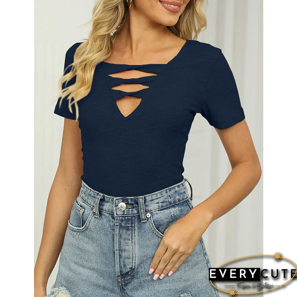 Navy Blue Rib Strappy Hollow-out Neck Short Sleeve Tees