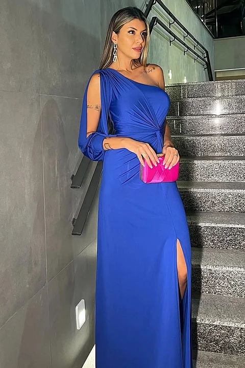 Daisda Blue Sleeveless One-Shoulder Mermaid Long Prom Dress