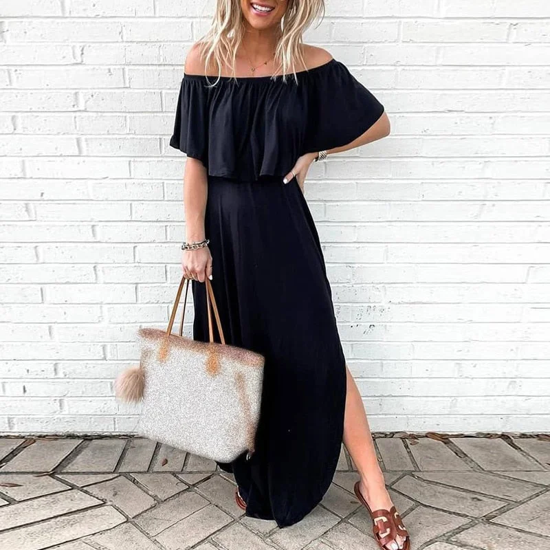 Graduation Gifts  Women Off Shoulder Elegant Boho Dress 2023  Solid Pocket Split Beach Summer Dresses Ladies Strapless Long Maxi Dress Vestido