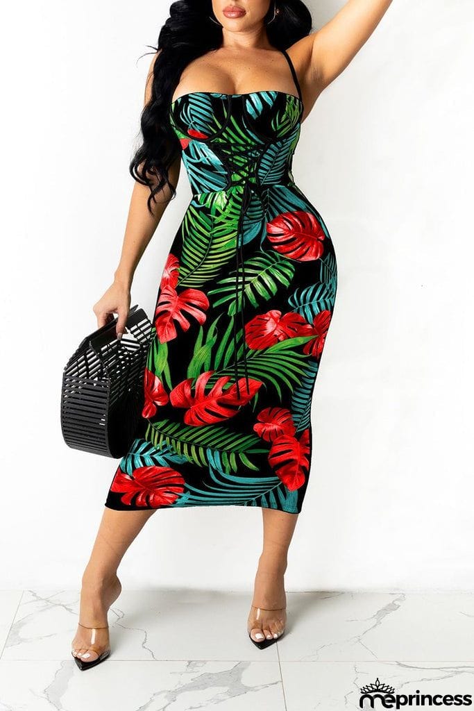 Bandage Leaf Print Sleeveless Midi Dress