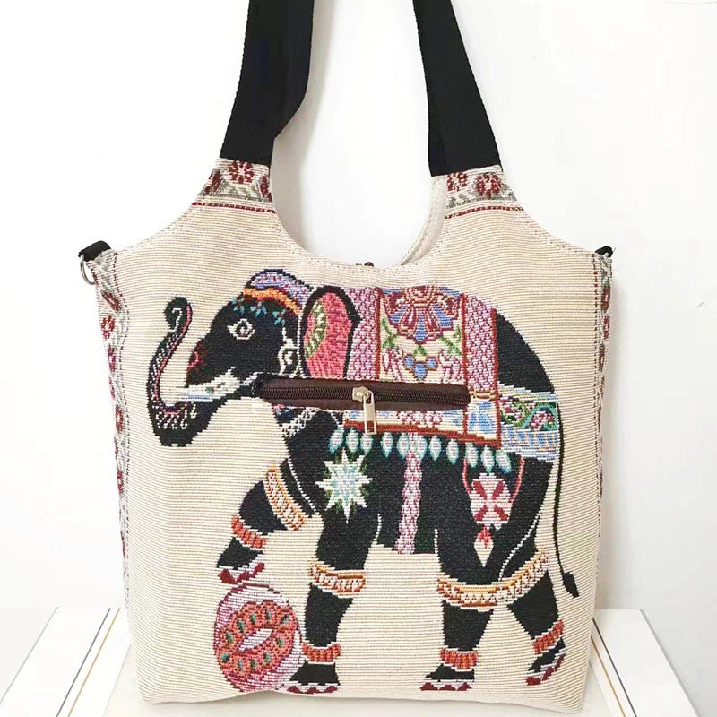Women’s Large Canvas Elephant Ethnic Style Square Zipper Shoulder Bag