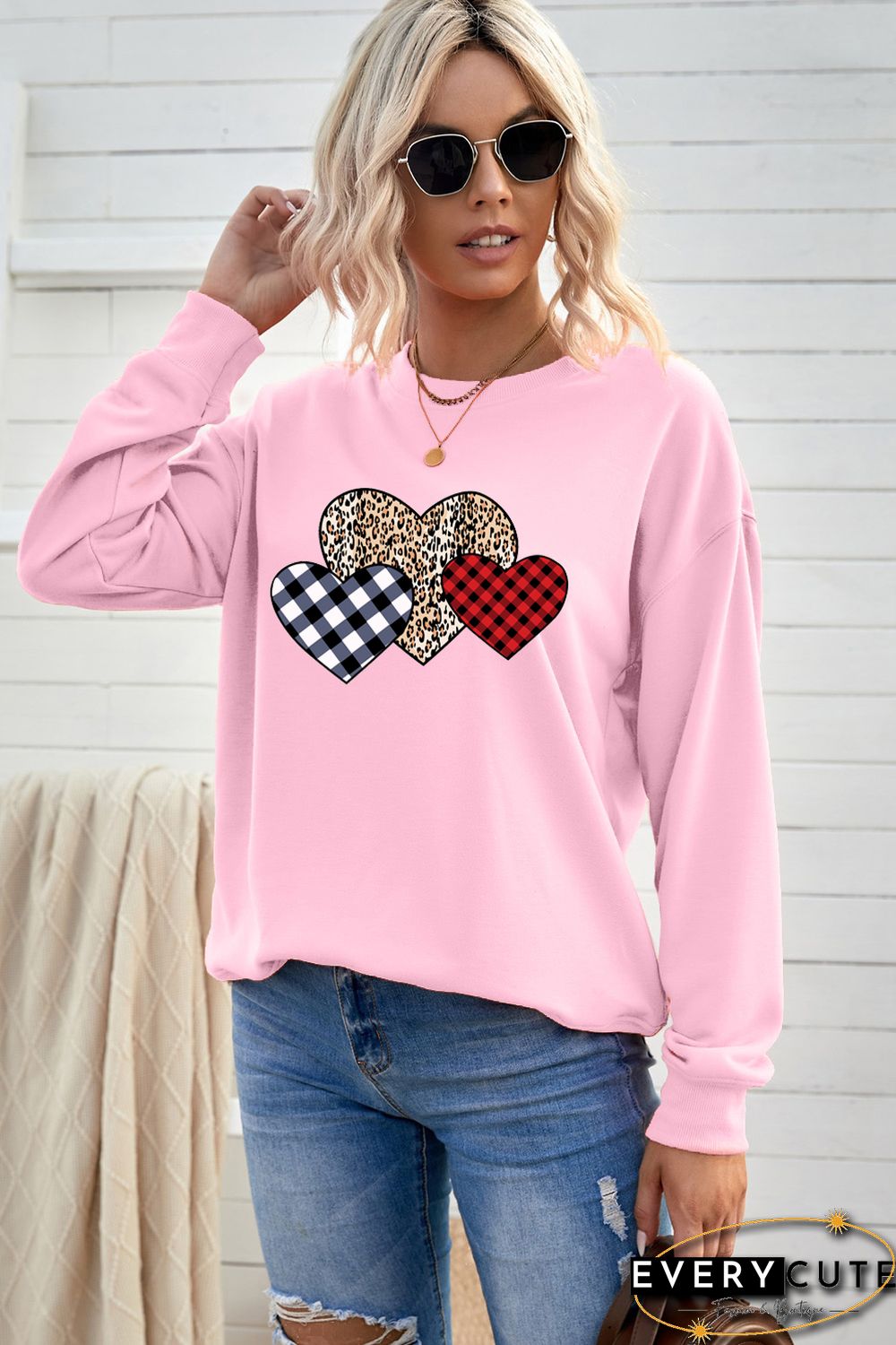 Pink Plaid Leopard Hearts Print Drop Sleeve Pullover Sweatshirt