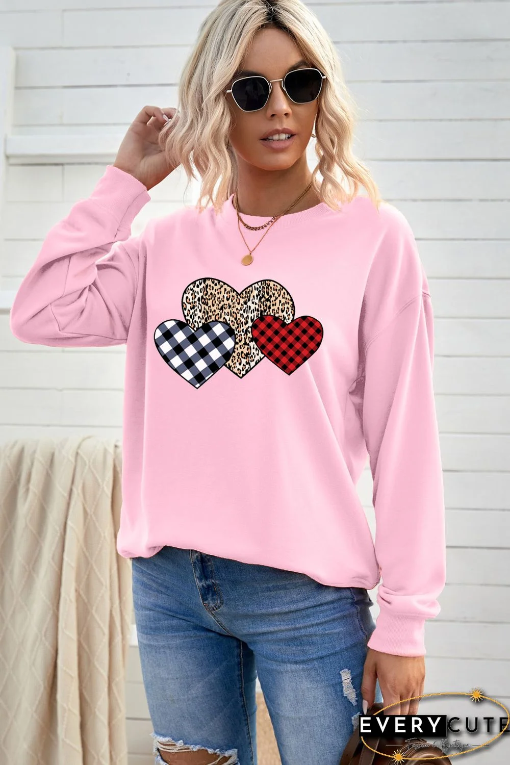 Pink Plaid Leopard Hearts Print Drop Sleeve Pullover Sweatshirt