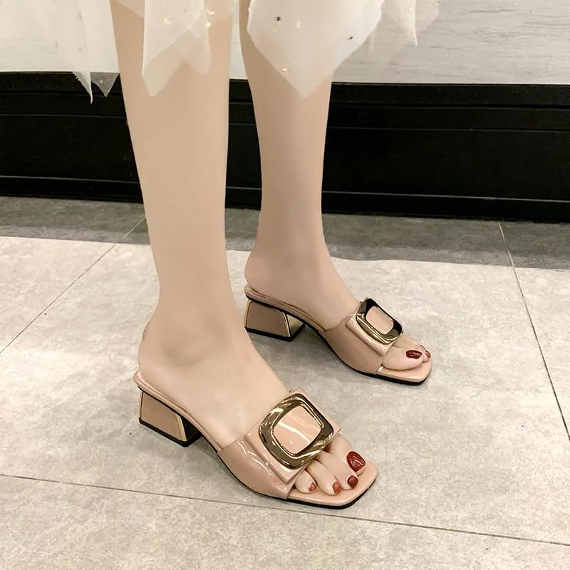 Summer Women Shoes Slippers Fashion Metal Buckle Ladies Mules Slides High Heels Pumps Women Casual Slippers 1026-1