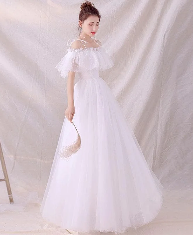 White Tulle Long Prom Dress, White Tulle Lace Evening Dress SP16037