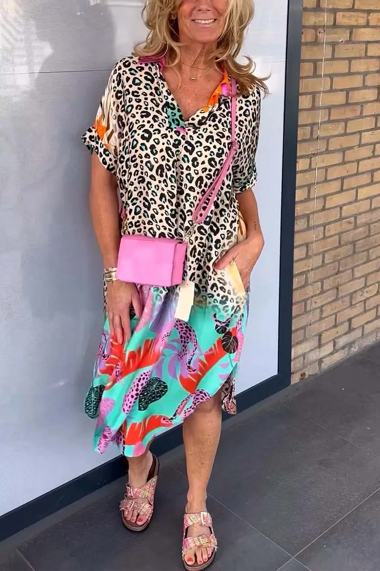Women's Summer Plus Size Dress Casual Leopard Print Short Sleeve Dress