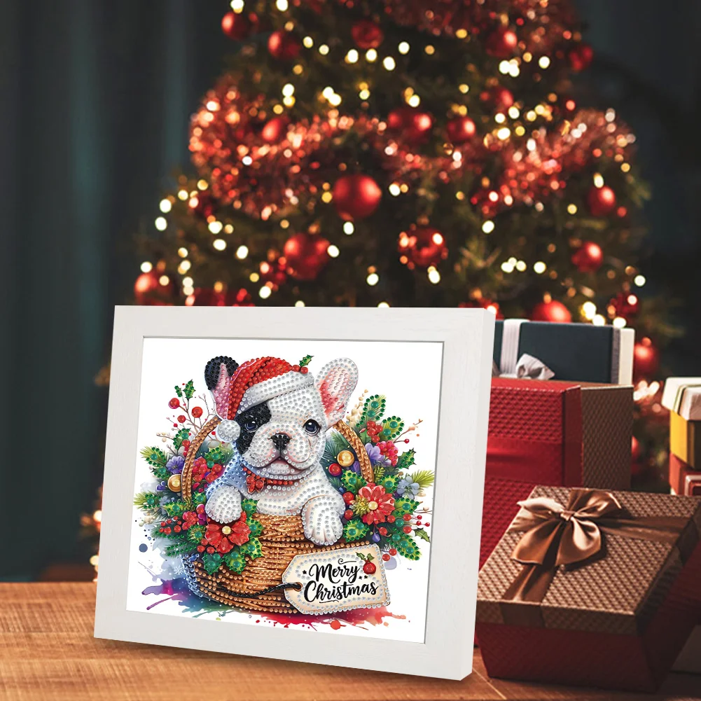 5D DIY Partial Special Shaped Drill Diamond Painting Xmas French Bulldog 22.8x22.8cm【With Frame】