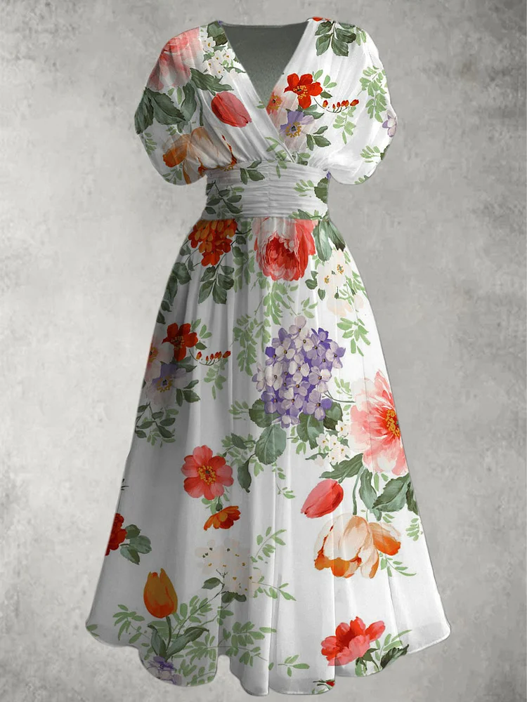 Retro Floral Print V-Neck Chic Short Sleeve Maxi Dress