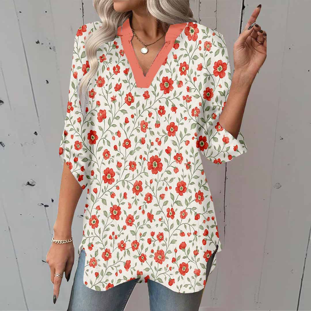 Women Floral, Red DZGA0354 3/4 Sleeve V-neck Printed Graphic Button Tops