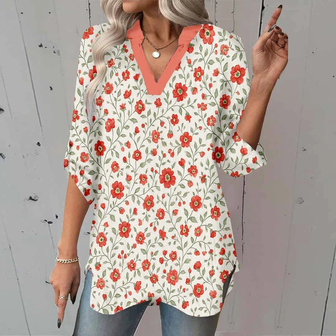 Women Floral, Red DZGA0354 3/4 Sleeve V-neck Printed Graphic Button Tops