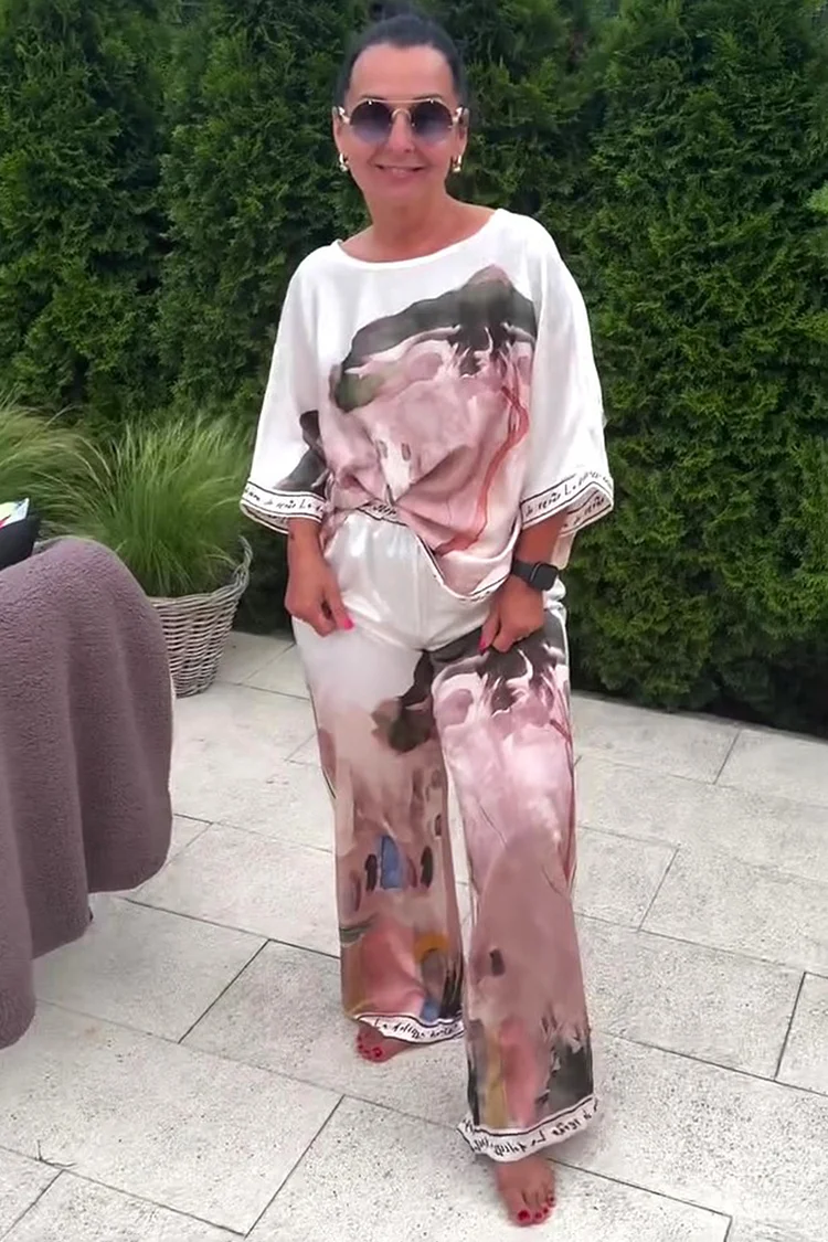 Watercolor Print Loose-Fit Top Wide Leg Pants 2pcs Set-Pink [Pre Order]