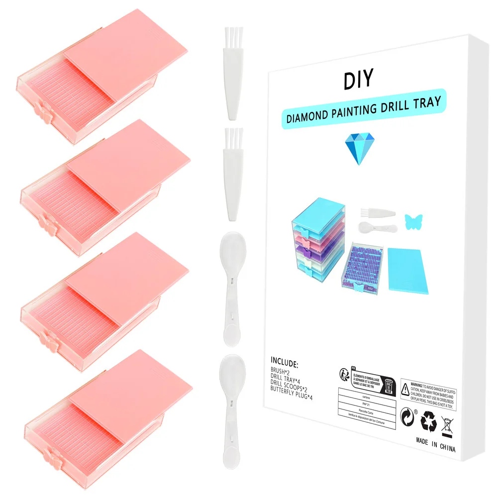 4Pcs Pink Diamond Painting Tray with Lid 5D DIY Drills Plate with Spoon & Brush