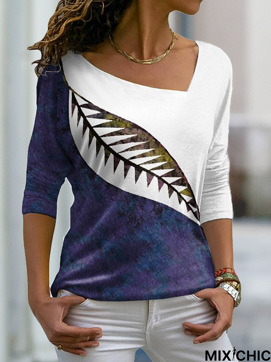 Casual Jersey Asymmetrical Leaf T-Shirt