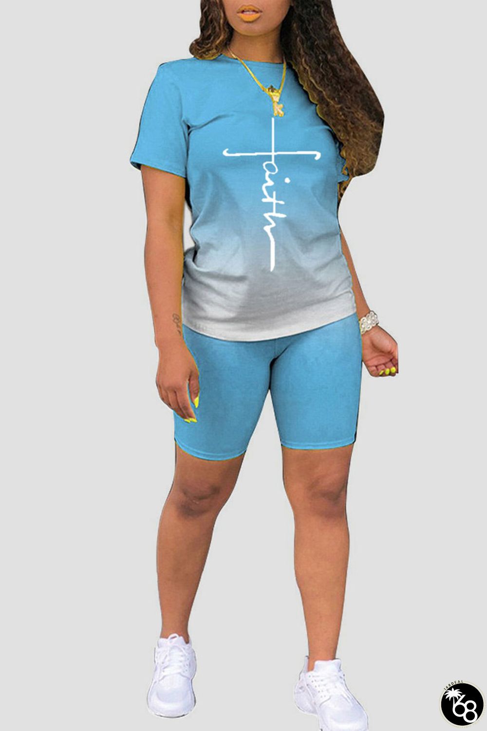 Light Blue Casual Gradual Change Print Patchwork O Neck Short Sleeve Two Pieces | 168DEAL