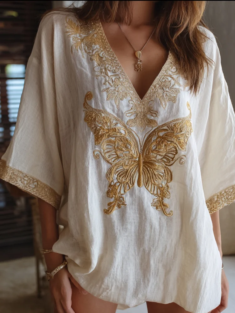 VChics Bohemian-style Golden Butterfly Three-dimensional Embroidery Vintage V-neck Short-sleeved Shirt