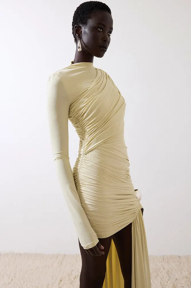 Ruched Asymmetric Ribbon Slim Mini Dress