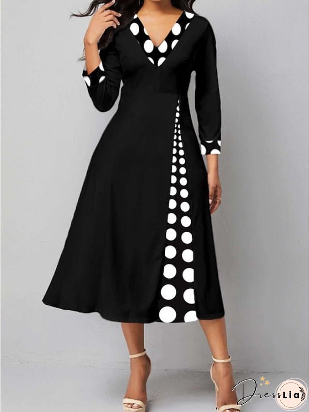 Women's Dress - Casual Dress Work Dress Church Dress Midi Dress Black 3/4 Length Sleeve Polka Dot Ruched Winter Fall Spring V Neck Modern Winter Dress Office Daily S M L XL XXL