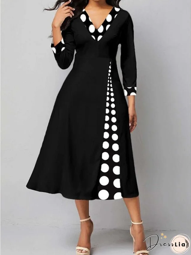 Women's Dress - Casual Dress Work Dress Church Dress Midi Dress Black 3/4 Length Sleeve Polka Dot Ruched Winter Fall Spring V Neck Modern Winter Dress Office Daily S M L XL XXL