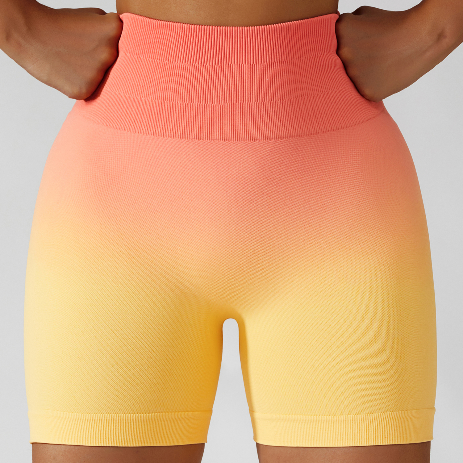Shop high rise ruched butt stretchable squat proof ombre seamless sports yoga gym shorts with tummy control online on Hergymclothing Rose Yellow