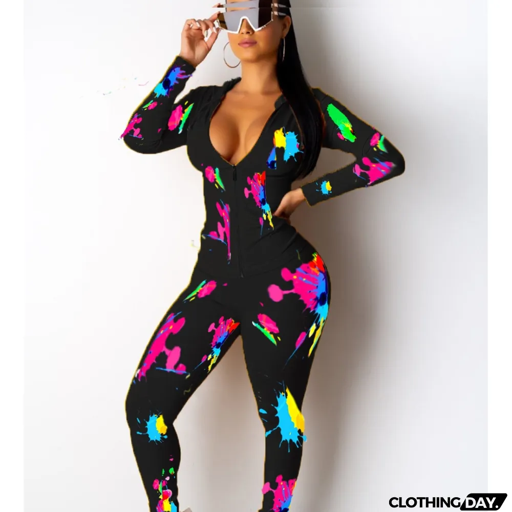 Autumn Print Colorful 2pc Matching Tight Pants Set