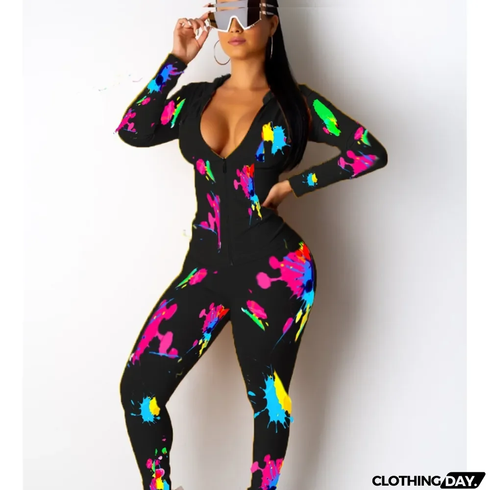 Autumn Print Colorful 2pc Matching Tight Pants Set