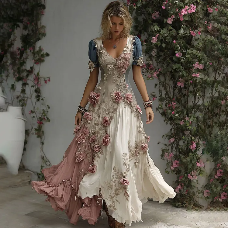 Women's Romantic Rose Embroidery Art Patchwork Flowing Linen Blend Maxi Dress