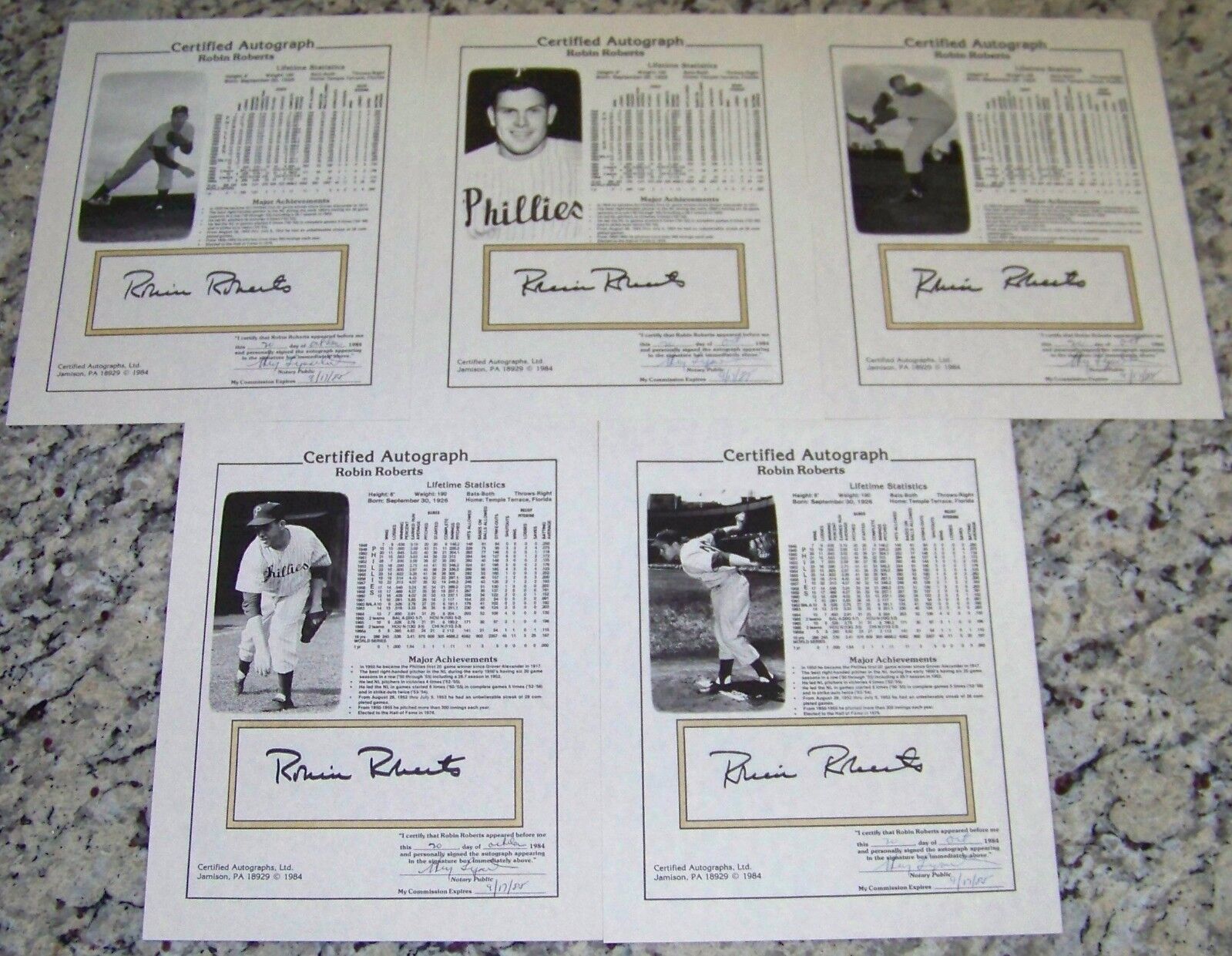 (5) Robin Roberts Signed Autographed Baseball 8x10 Photo Poster painting Stat Sheets JSA AH LOA!