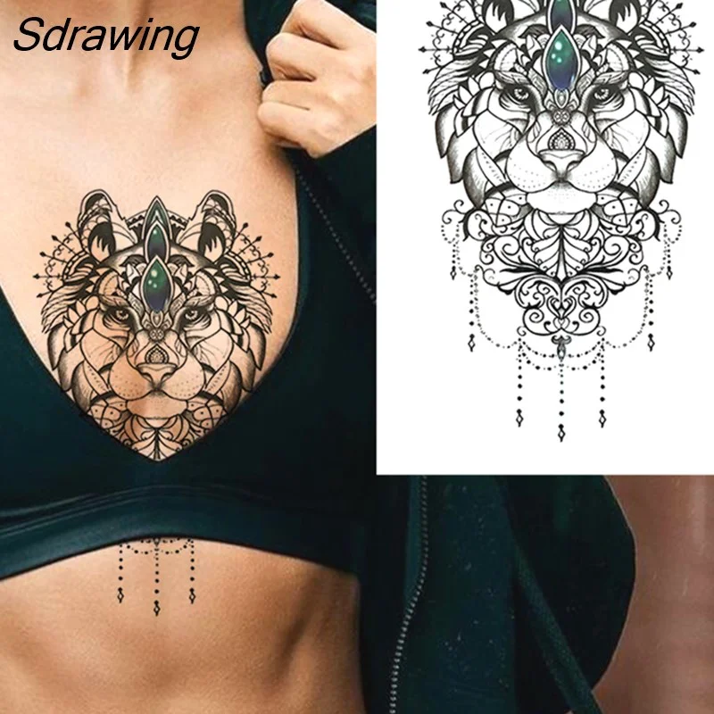 Sdrawing Lion Dahlia Temporary Tattoos For Women Adult Realistic Tiger Wolf Reindeer Snake Bird Fake Tattoo Sticker Washable Tatoos