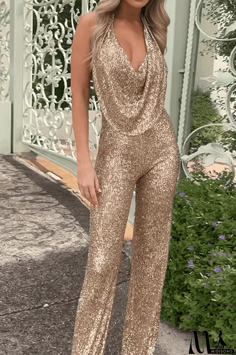 MidiSono - Daily Solid Sequins Halter Boot Cut Jumpsuits