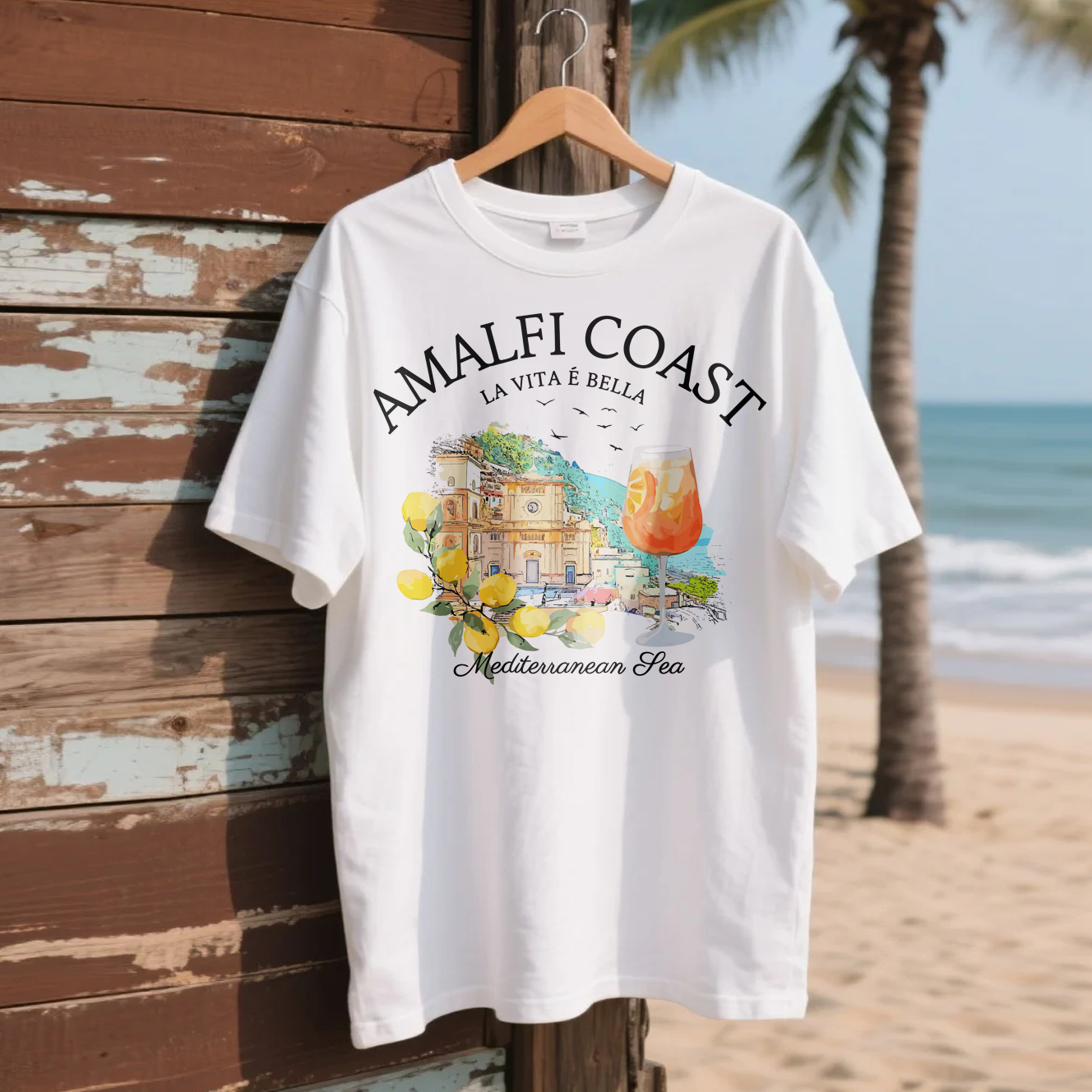 Loose And Comfortable Cotton Amalfi Coast Print T-shirt