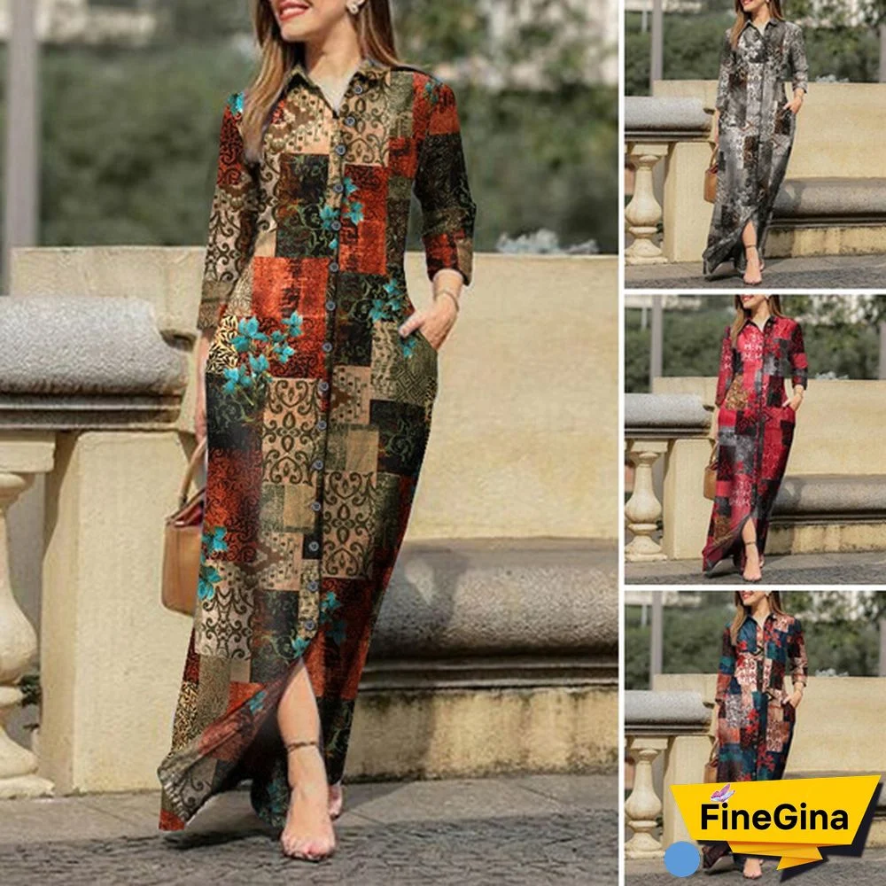 VONDA Women Autumn Floral Print Casual Long Shirt Dress Plus Size Long Sleeve Button Up Cotton Maxi Dress Vestidos