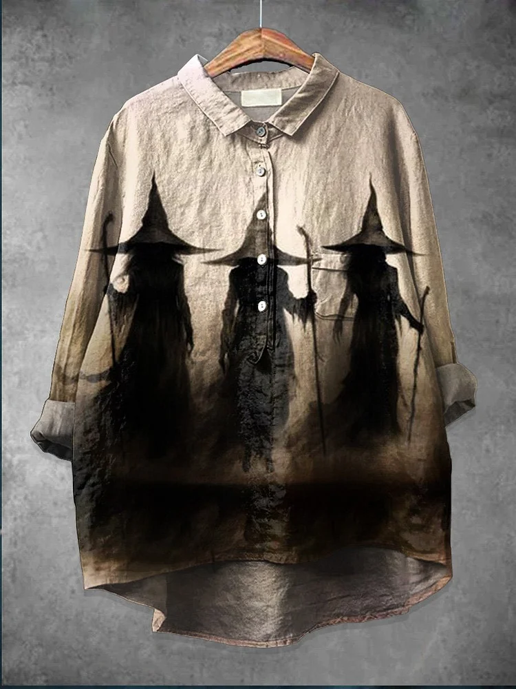 Halloween Witch  Art  Print Casual Cotton And Linen Shirt