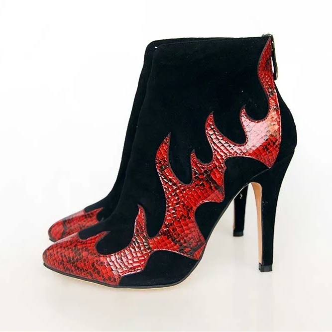 Black Vegan Suede and Red Python Stiletto Boots Ankle Boots |FSJ Shoes