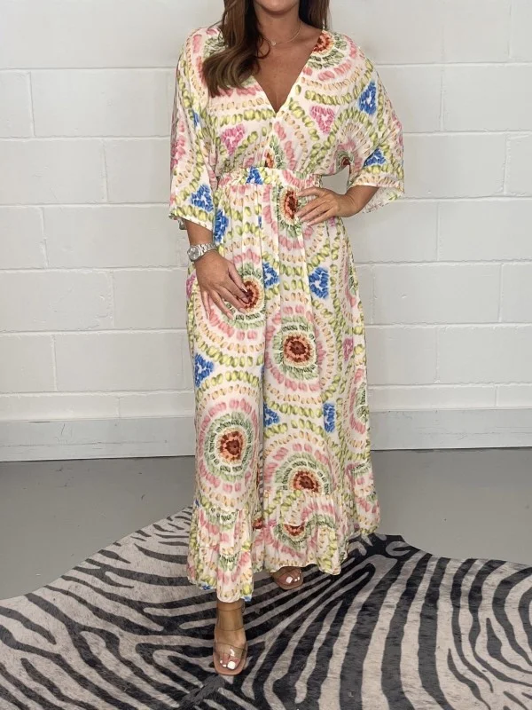 Retro Floral Printed Wide Leg Jumpsuit