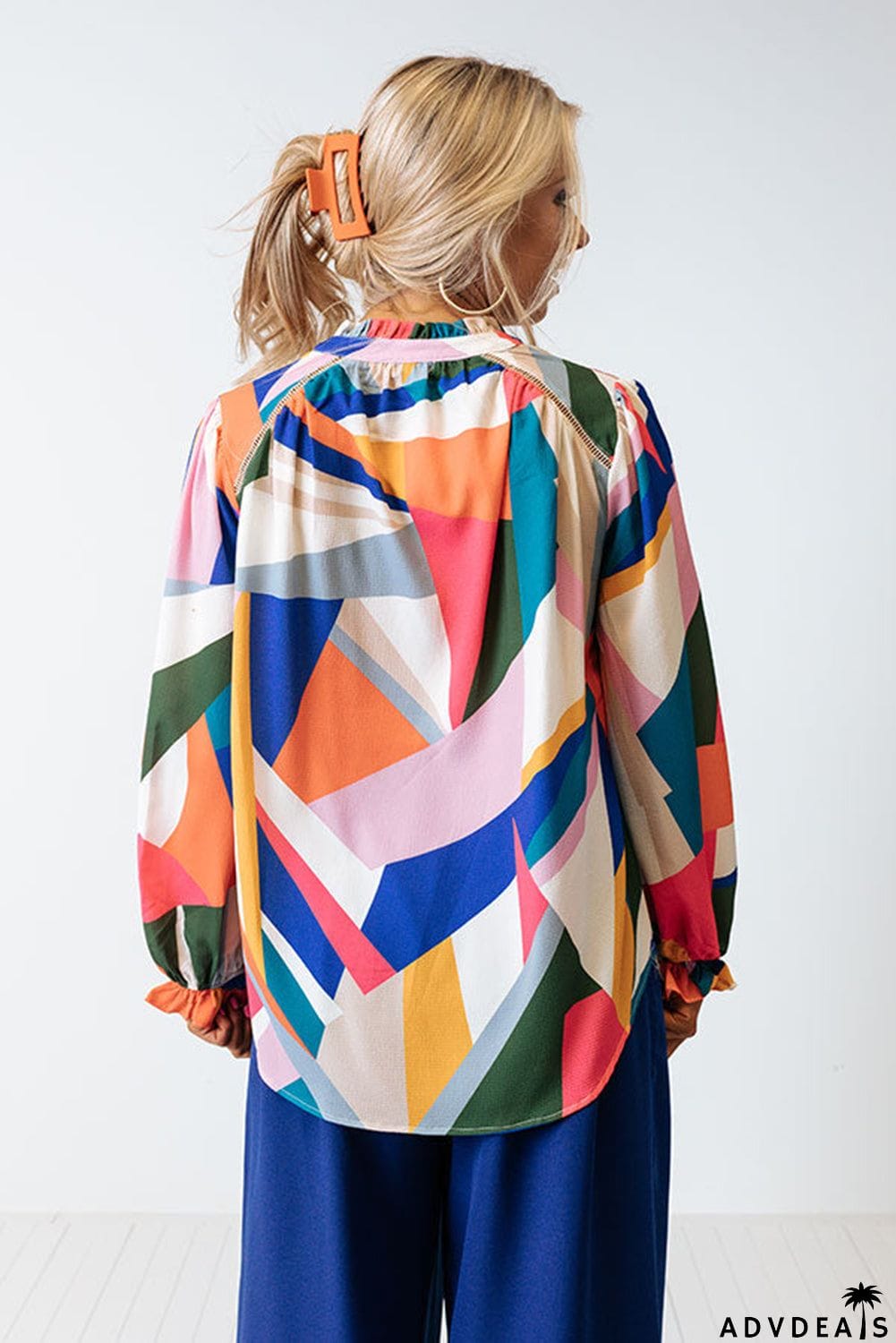 Geometric Patchwork Print Half Buttoned Blouse