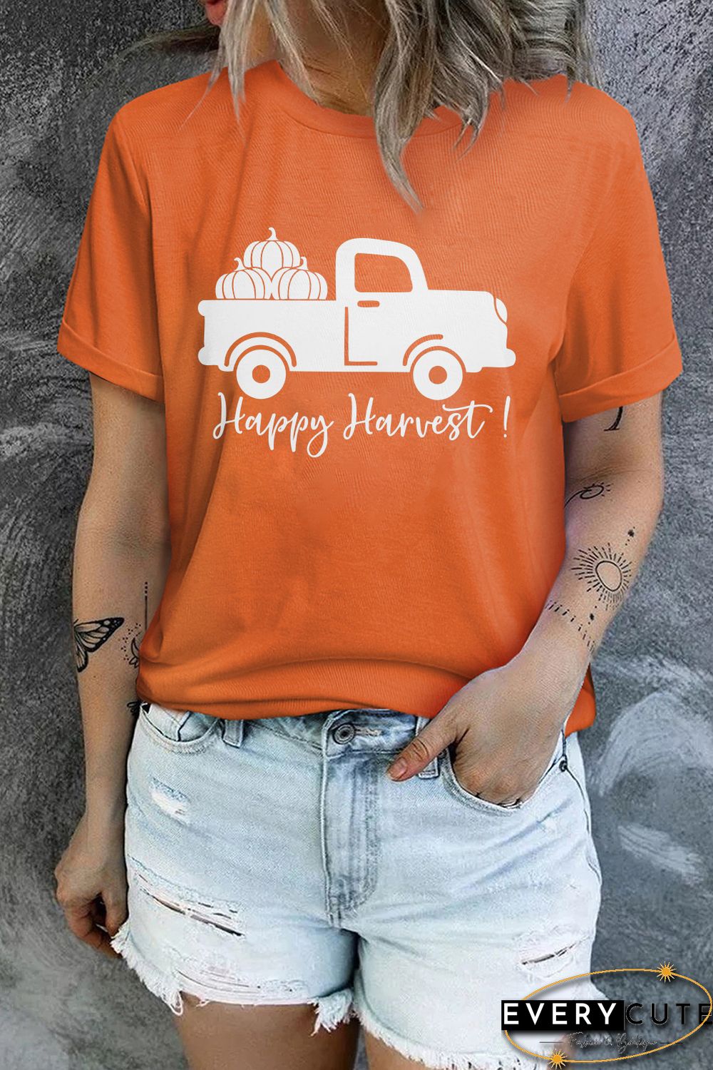 Orange Happy Harvest Pumpkin Truck Print Graphic T Shirt