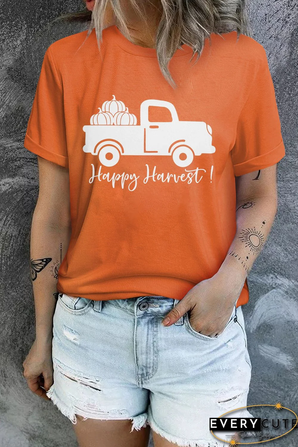 Orange Happy Harvest Pumpkin Truck Print Graphic T Shirt