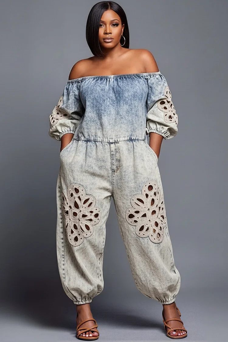 Xpluswear Design Plus Size Vacation White Off The Shoulder Half Sleeve Cut Out Pocket Denim Jumpsuits [Pre-Order] 2024 - Xpluswear