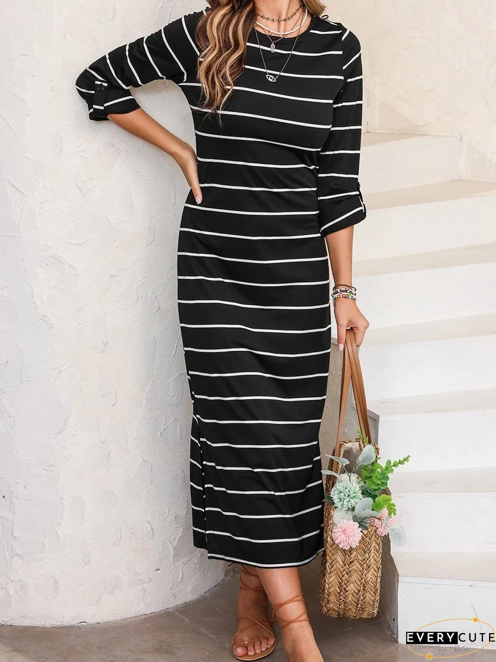 Chic Black Stripe Split Maxi Dress