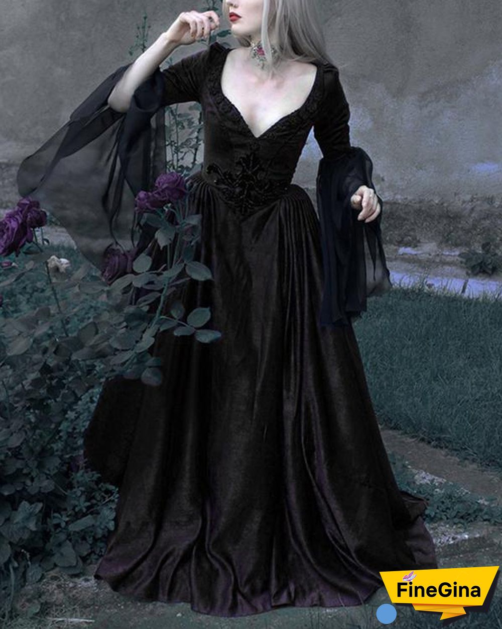 Women'S Retro Slim Solid Lace And Low V-Neck Dress