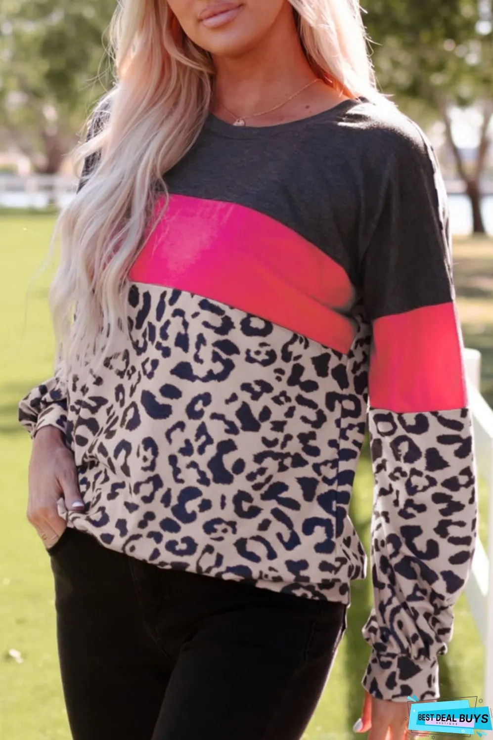 Leopard Print Color Block Long-Sleeve Top