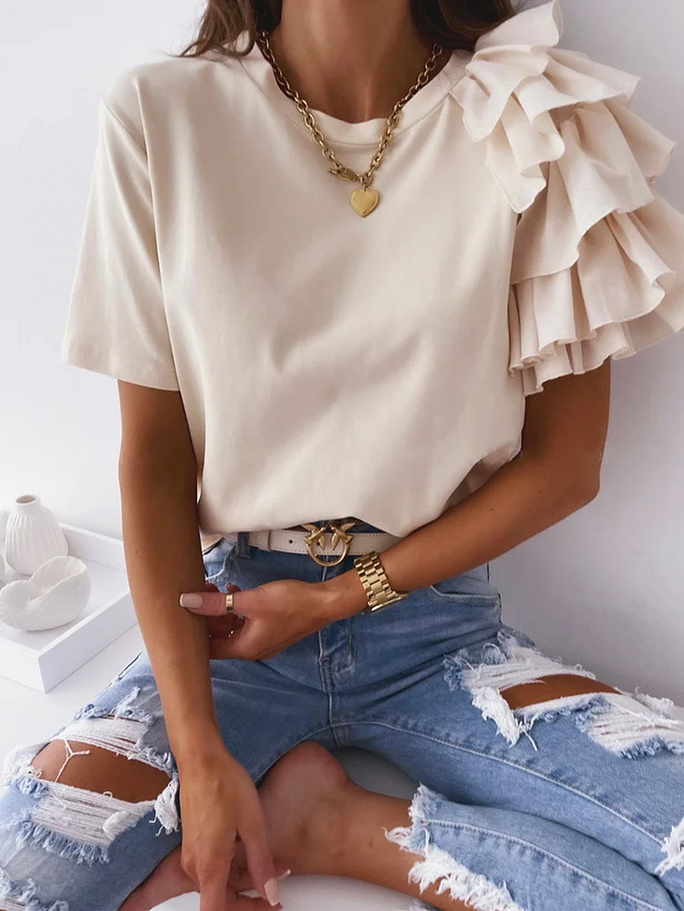Fashion Solid Tiered Ruffle Short Sleeve Crew Neck T-shirt