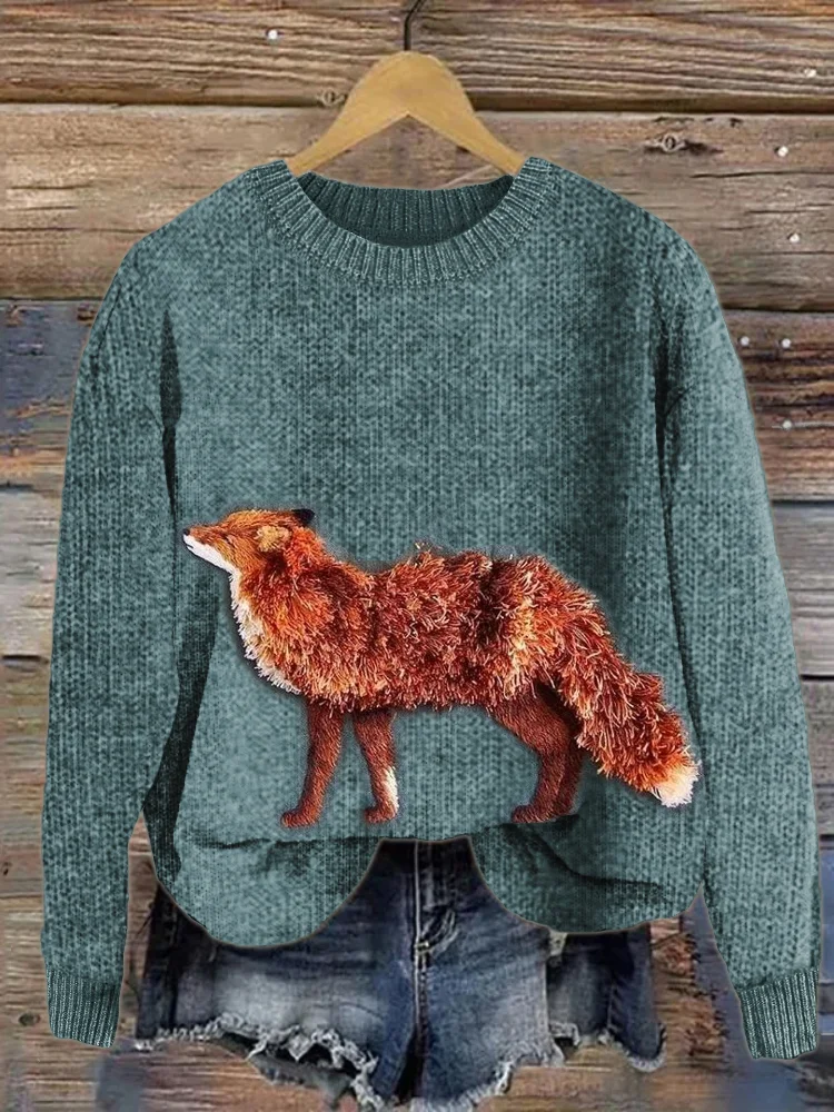 VChics Fuzzy Fox Embroidery Art Cozy Knit Sweater