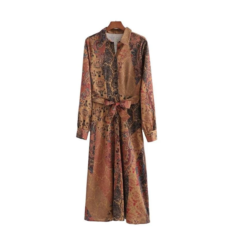 PUWD Vintage Woman Brown Printed Chiffon Sashes Dress 2021 Spring Fashion Ladies Soft Shirt Dresses Female Chinese Style Dress