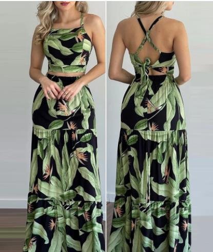  Sleeveless Green Plants Printed Casual Sexy Two Piece Dress  - Chicaggo