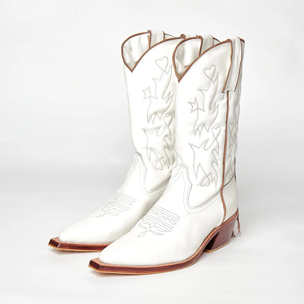 White Pointed Toe Embroidered Stacked Heel Fringe Cowgirl Boots