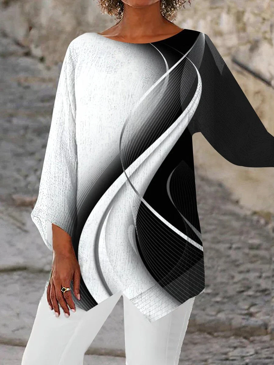 Women plus size clothing Women Asymmetrical 3/4 Sleeve Scoop Neck Striped Stitching Tops-Nordswear