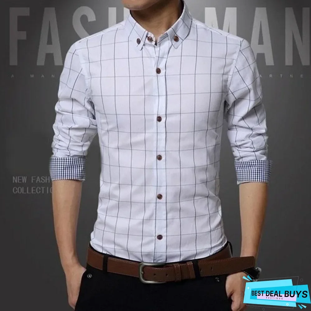 Spring/Autumn Mens Long Sleeve Plaid Cotton Shirts